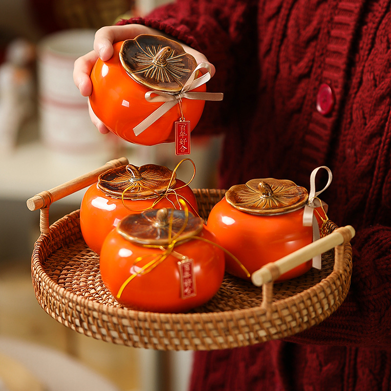 Sweet Treat Box & Souvenir Gift Set: Persimmon-Shape Decorative Box, Wedding Candy Jar, "Shishi Ruyi" Wedding & Engagement Supplies—Wholesale