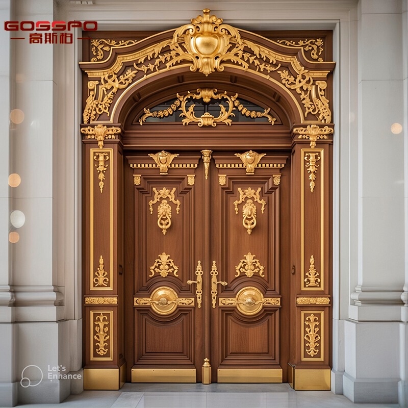 Custom-Made Carved Solid Wood Doors for Villas, Painted with Gold Accents, Double Roman Column Entrance Doors in Red Oak