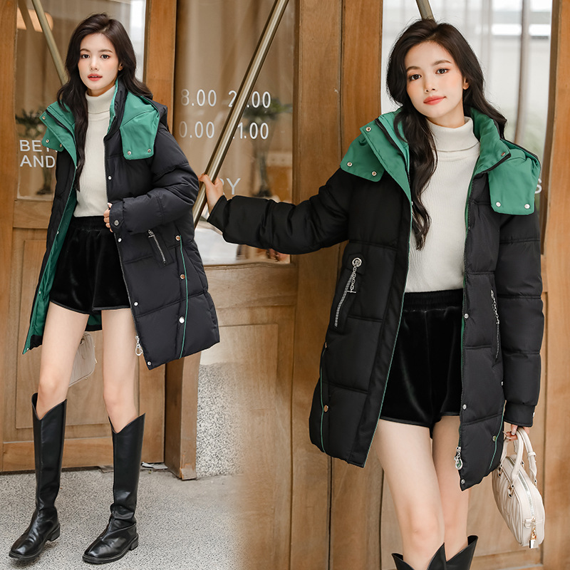 2025 invierno nuevo estilo de moda de color combinado para viajar tamaño grande relajado versátil medio y largo chaqueta de algodón caliente con capuzas image 3