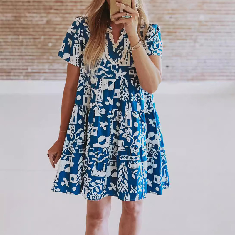 Trendy Cross-Border Hot-Selling Spring and Summer V-Neck Geometric Print European and American Fashion Pullover Loose Dress for Women