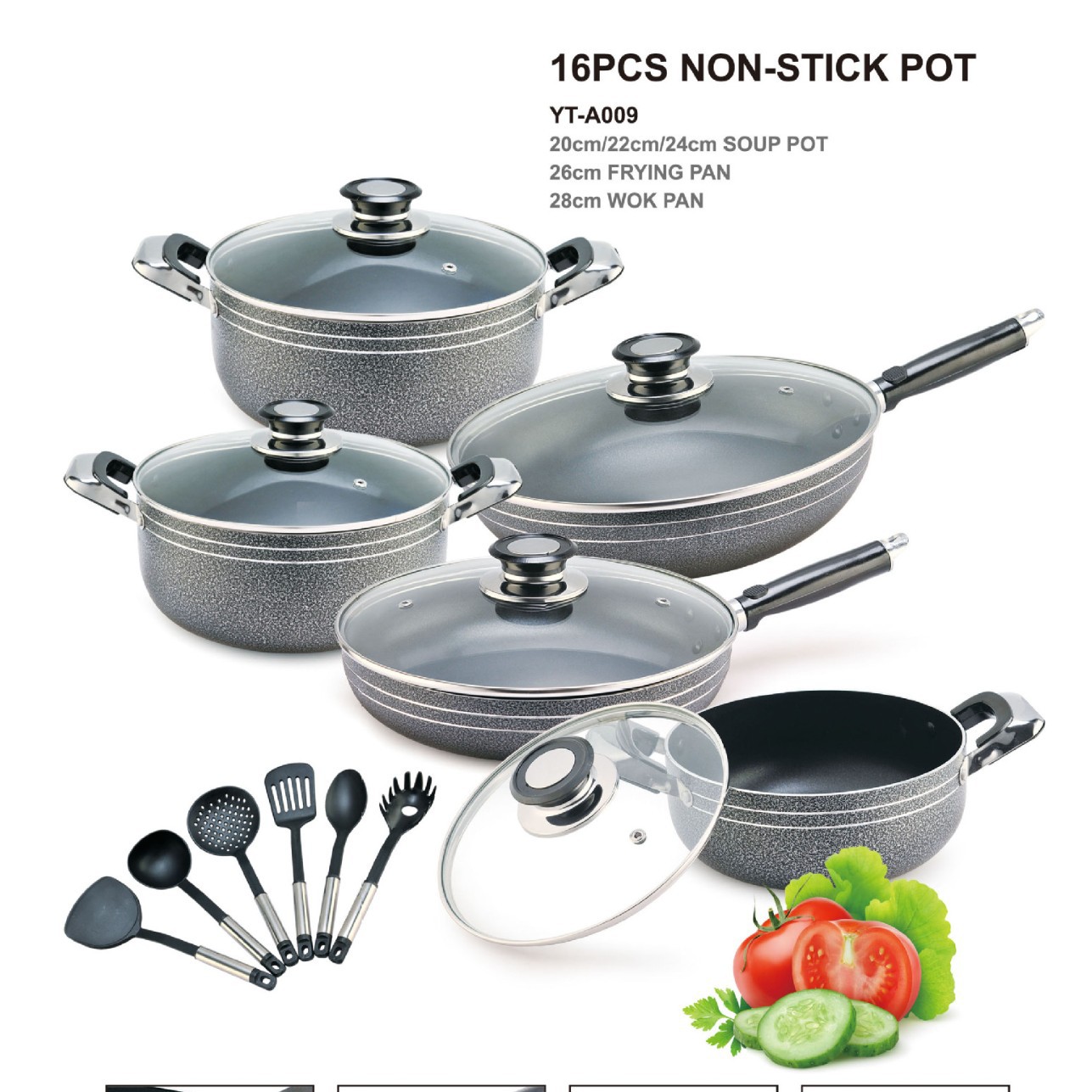 Cacerola antiadherente de aluminio de 16 piezas, pote de la sopa, sartén, wok, exportado a África, Suramérica, Kenia