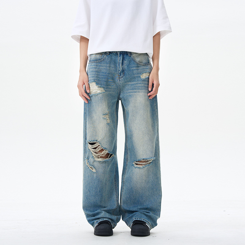 Men's American-Style Clean Fit Hip-Hop Ripped Washed Denim Jeans Loose Straight Wide-Leg Pants