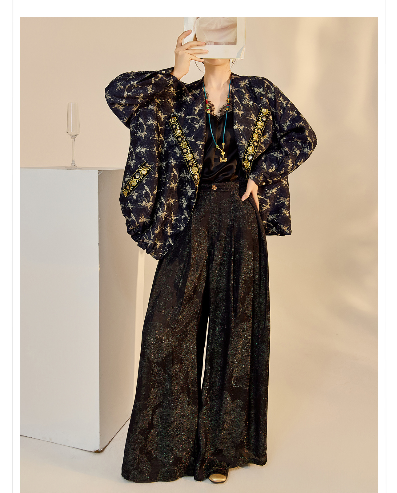 Quần ống rộng nữ phong cách Trung Hoa mới, chất rayon dệt vàng satin rủ — đen, Màu trắng nhạt, màu vàng chi tiết 24