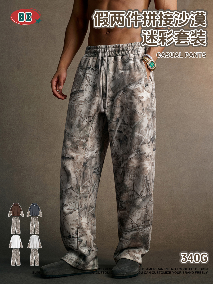 Be Hombres| 2025 otoño estilo americano de moda falso de dos piezas camuflaje suit camiseta casual pantalones largos de dos piezas hombre