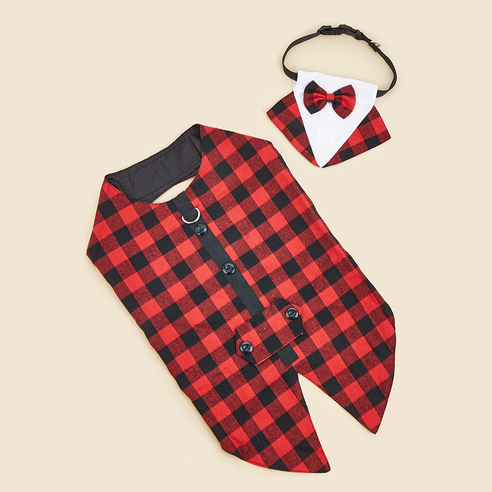 TANPOPO nuevos productos transfronterizos ropa para mascotas bufanda roja y negra a cuadros para mascotas ropa de Navidad para mascotas esmoquin