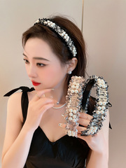 韓國復古小香風珠珠毛邊發箍氣質百搭外出發卡頭箍壓發防滑髮飾女