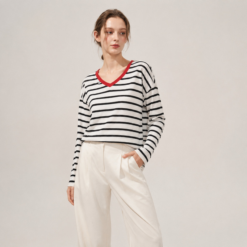 Casual Cotton-Linen Contrast-Color Striped V-Neck Loose Knit Cardigan for Women, Long Sleeve, Autumn