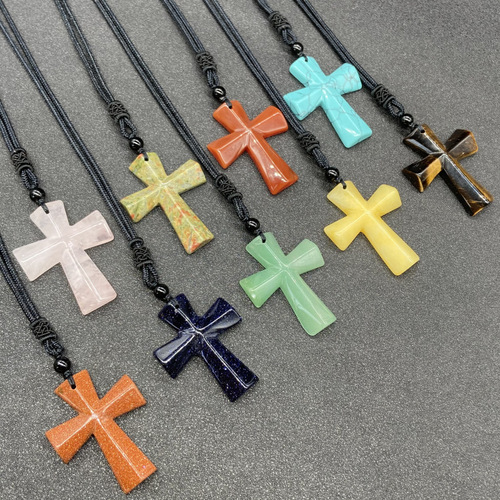 Natural Stone Christmas Gift Agate Braided Semi-Precious Cross Necklace Sweater Chain Casual Christian Gift