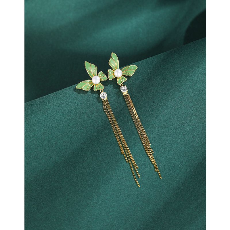 Japonés y coreano s925 plata ZIRCON pendientes moda gota aceite mariposa perla pendientes largos borla pendientes fábrica suministro directo