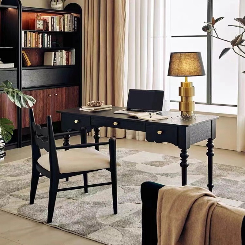 French Style Black Solid Wood Desk Ash American Style Light Luxury Writing Desk Retro Modern Simple Study Desk Computer Desk