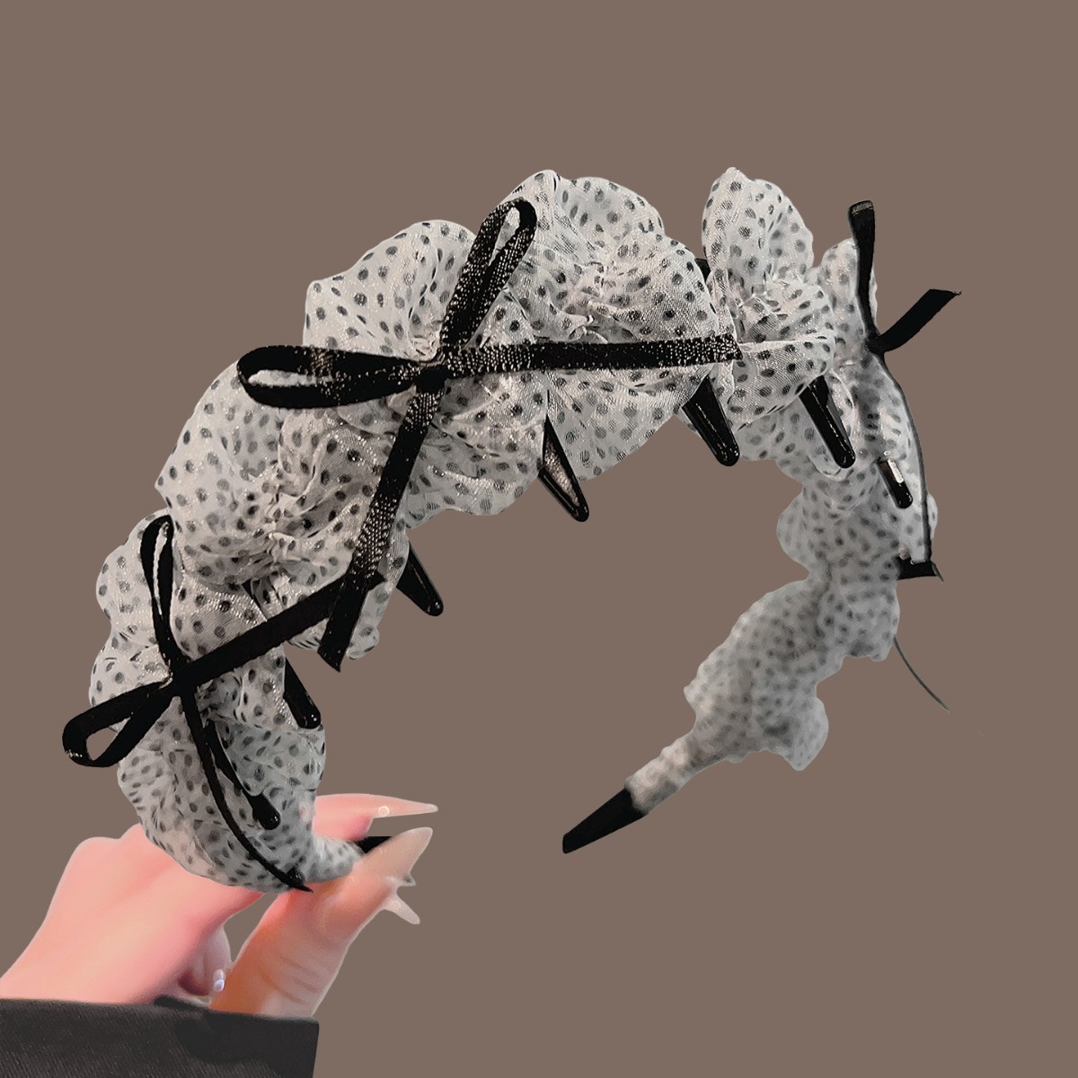 Beige mesh polka dot bow headband