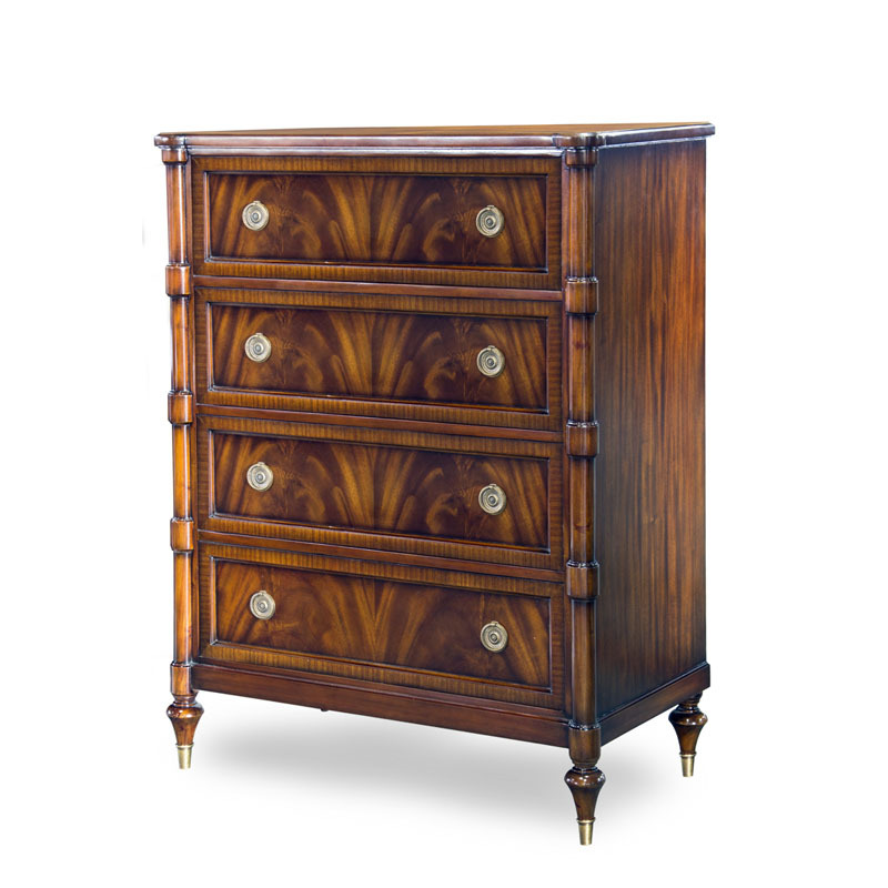 European-style court solid wood carved 4-drawer cabinet, British neo-classical wood grain inlaid bedroom decorative cabinet, Laca&ccedil;a furniture