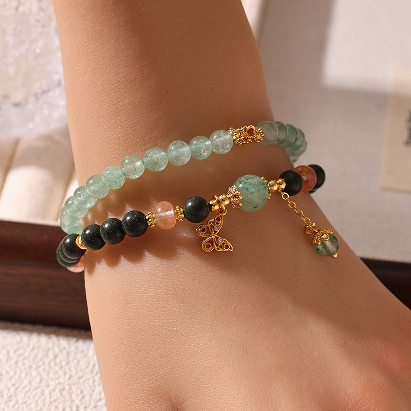 Nuevo estilo chino doble capa usando amatista cristal blanco ojo de tigre piedra verde fresa cristal de piedra natural pulsera de cuentas pulsera mujer