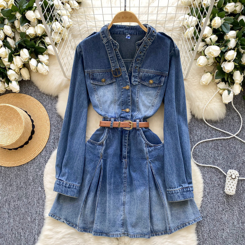 Foreign trade distressed Denim dress women's winter stand collar belt design sense niche chic temperament long skirt 0329