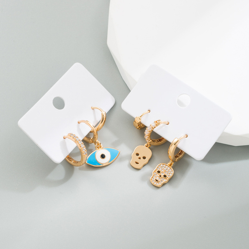 Fashion Human Face Devilu0027S Eye Copper Drop Earrings Inlay Zircon Copper Earrings 3 Pieces