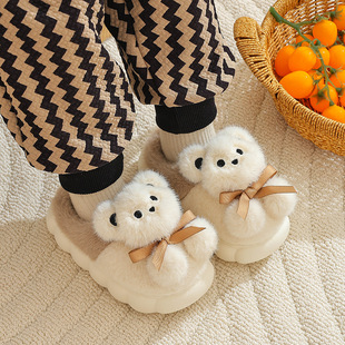 Children's Cotton Slippers for Women in Winter, Thickened with Velvet, Warm, Soft Sole, Non-Slip, Cartoon Bear Furry Shoes for Parents and Children