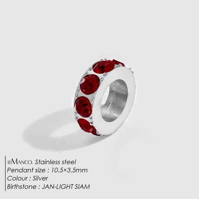 Stainless Steel Diamond-Encrusted Large Hole Zərgərlik ara hissələri - january-red-silver