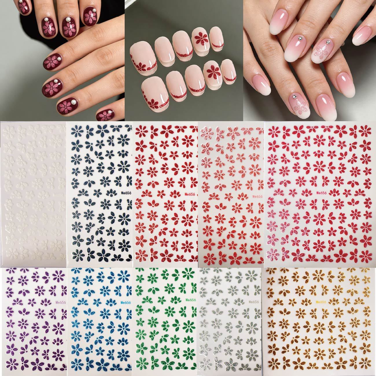 新款跨境春日樱花美甲贴纸 爆款小白花INS风日系少女3D背胶指甲贴