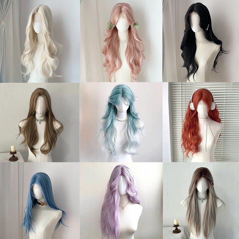 frente peluca de encaje mujer cubierta de cabeza diaria Lolita natural simulación de ondas grandes rizos de cabello