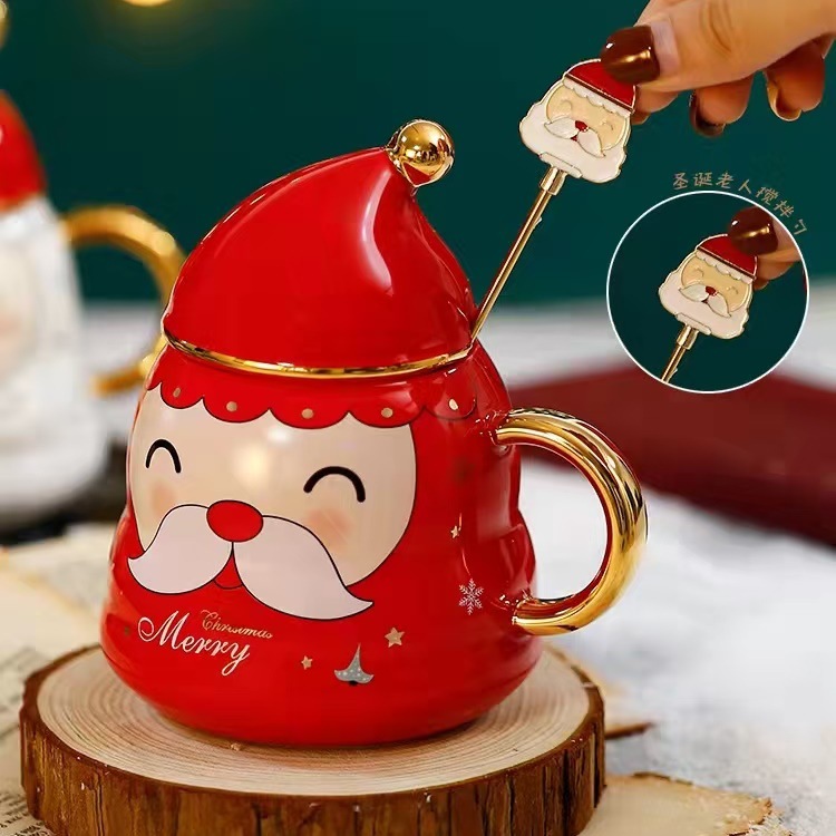 Creativo Navidad sombrero regalo taza de oro mango ancianos personalidad cerámica café con tapa cuchara Estilo nórdico agua
