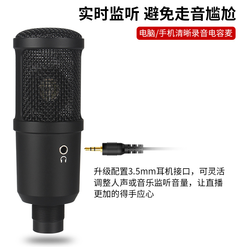 USB電容麥克風套裝192K 電腦錄音游戲直播大振膜跨境桌面有線話筒