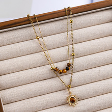 复古金色太阳花虎眼石项链女小众设计感叠戴毛衣链秋冬锁骨链配饰