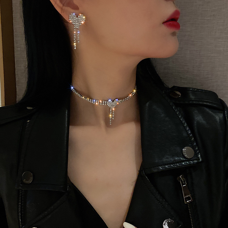 Fashion Full Diamond Heart Tassel Alloy Earring Necklace Korean Fashion Jewelry display picture 3