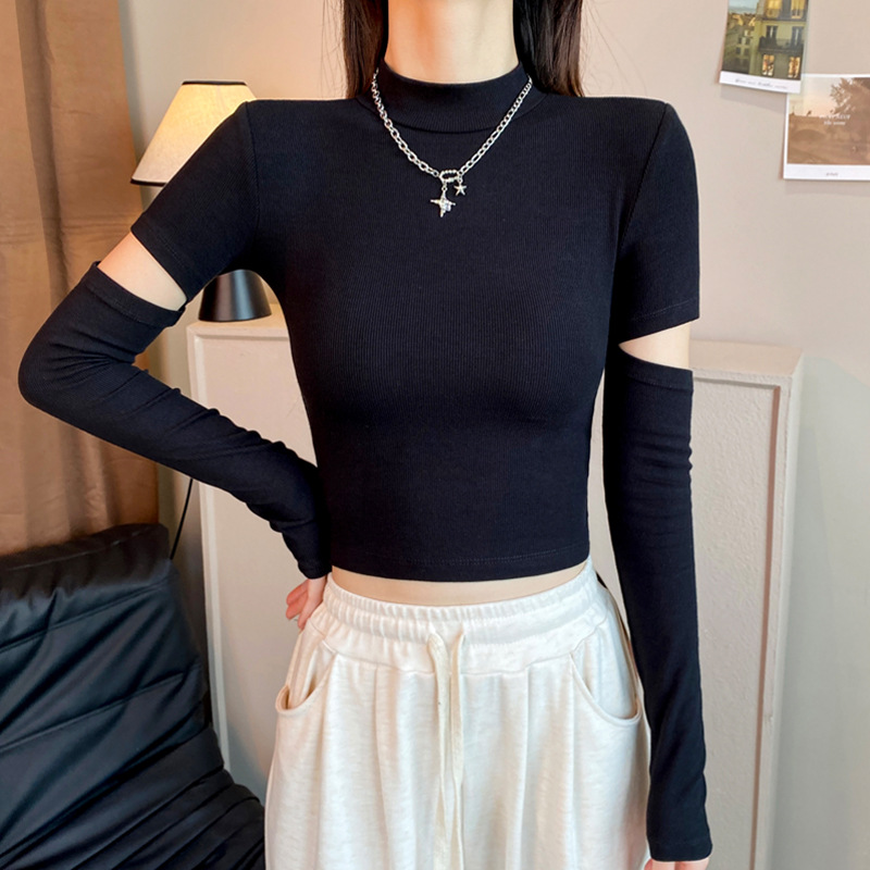 나사형 블랙 크롭 하이넥 이너웨어 여성용 가을 겨울 스타일리시 디자인 긴팔 슬림핏 탑