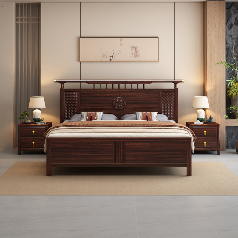 新型烏金木新中国式実木ベッド1.8m寝室ダブルベッド家庭用結婚ベッド中古風気圧収納ベッド