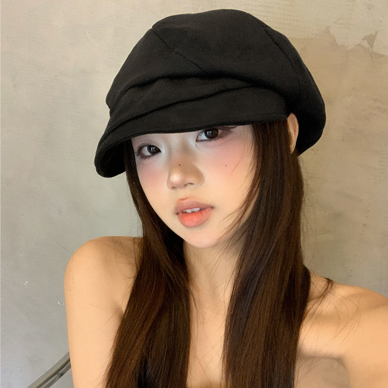 韩系复古褶皱黑色贝雷帽女夏季显脸小报童帽大头围八角画家帽子|undefined