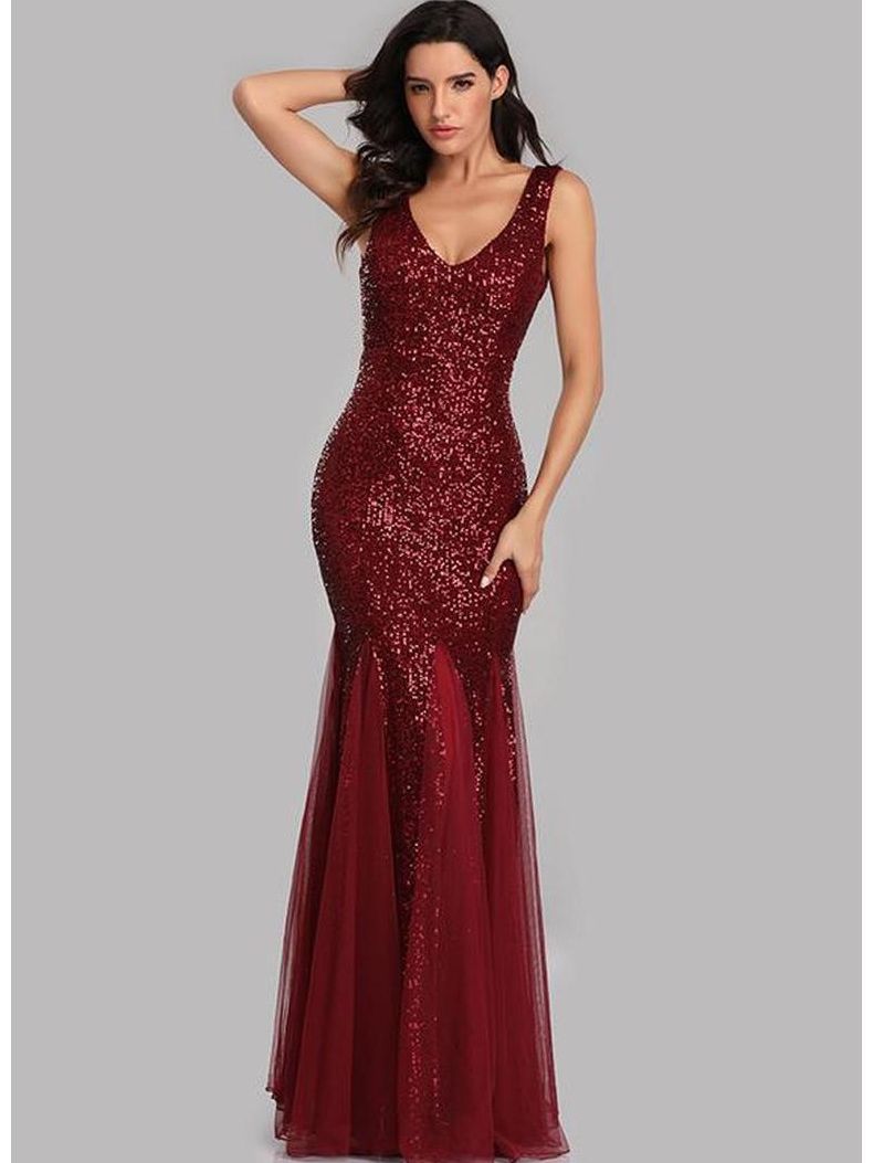 Vestido de noche con lentejuelas estilo europeo y americano, vestido de sirena rojo ajustado para novias (4 colores)