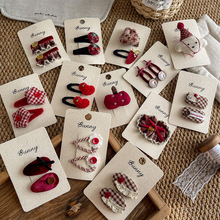 bunny手作布艺红格纹发夹手工缝制卡通发饰女童碎发夹可爱头饰品