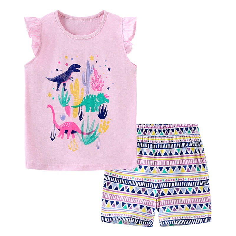 Conjunto de ropa infantil de moda europea y americana para niñas, chaleco de algodón de punto con estampado de dinosaurios de dibujos animados de verano, conjunto de dos piezas de manga corta para niños pequeños