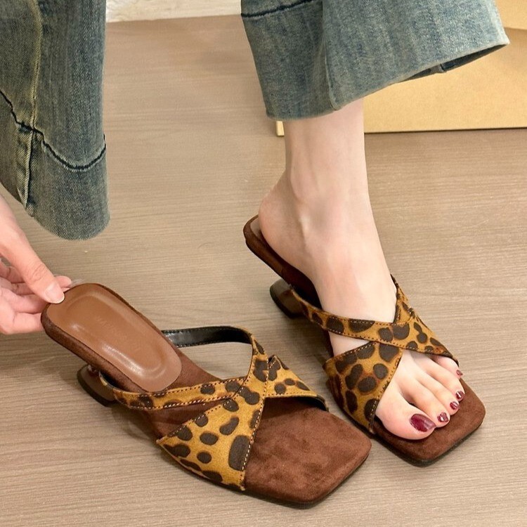 Design Niche High-Heeled Sandals and Slippers for Women to Wear Outside 2025 Summer New Leopard Print Wedge Heel Square Toe Sandals and Slippers