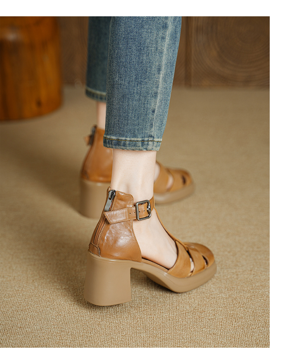 Sandal cao gót nữ phong cách La Mã, mũi kín gót kín, quai chữ T, gót 7.5 cm — màu trắng ngà chi tiết 9