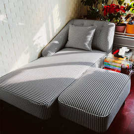 0J贵妃椅简约现代风千鸟格美人榻风卧室小户型客厅单人轻奢实木沙