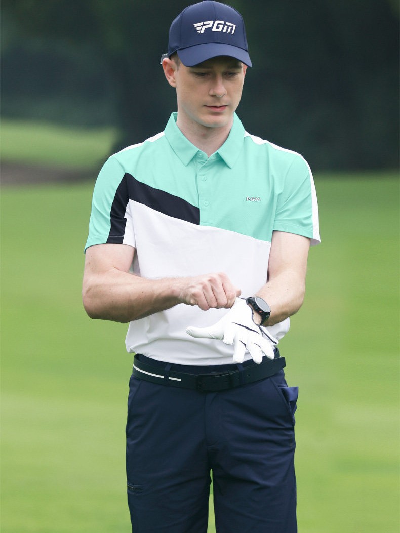 Áo polo golf nam PGM tay ngắn, phối màu tương phản, chất liệu thoáng mát — YF569-màu xanh nước biển, YF569-màu xanh lá cây