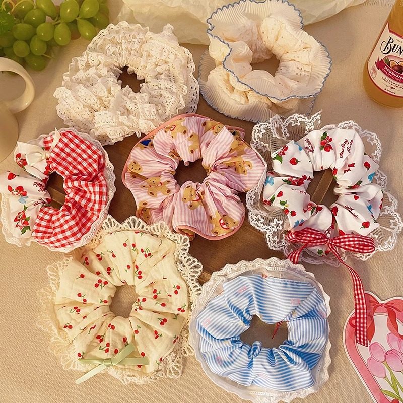 Accesorio para el cabello de estilo francés para mujer, pañuelo cuadrado simple, coletero de gran tamaño con ribete de encaje.