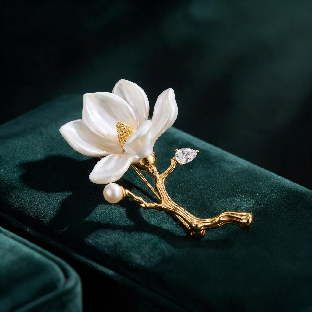 New Chinese-style enamel magnolia flower brooch, eco-friendly alloy, pearl and crystal embellishments, traditional Chinese-style pin, women's accessories, wholesale
