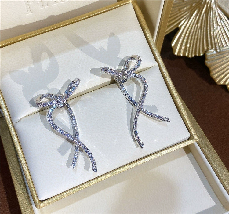 Pearl bow earrings, Japanese‑Korean style, rhinestone‑encrusted, lightweight 0.01 kg