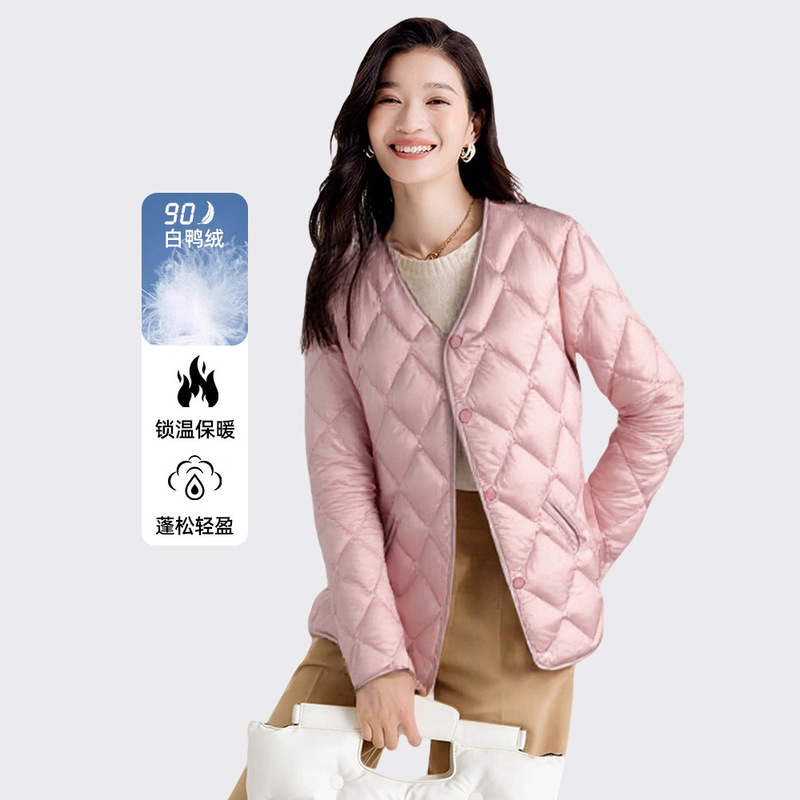 Autumn and Winter New Lightweight down Jacket Women's Short Thin Lining Diamond Plaid Autumn and Winter Round Neck Casual Jacket