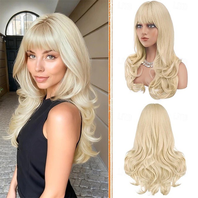 Blonde Wig with Bangs, Wavy Layered Hairstyle, Naturally Fluffy Synthetic Heat-Resistant Wig for Daily Use 24inch