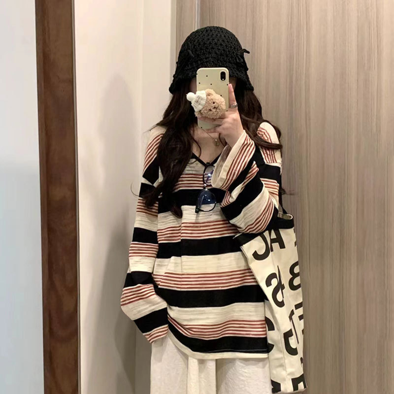 美式复古正肩V领条纹长袖t恤女秋内搭打底衫外穿宽松显瘦上衣服|undefined