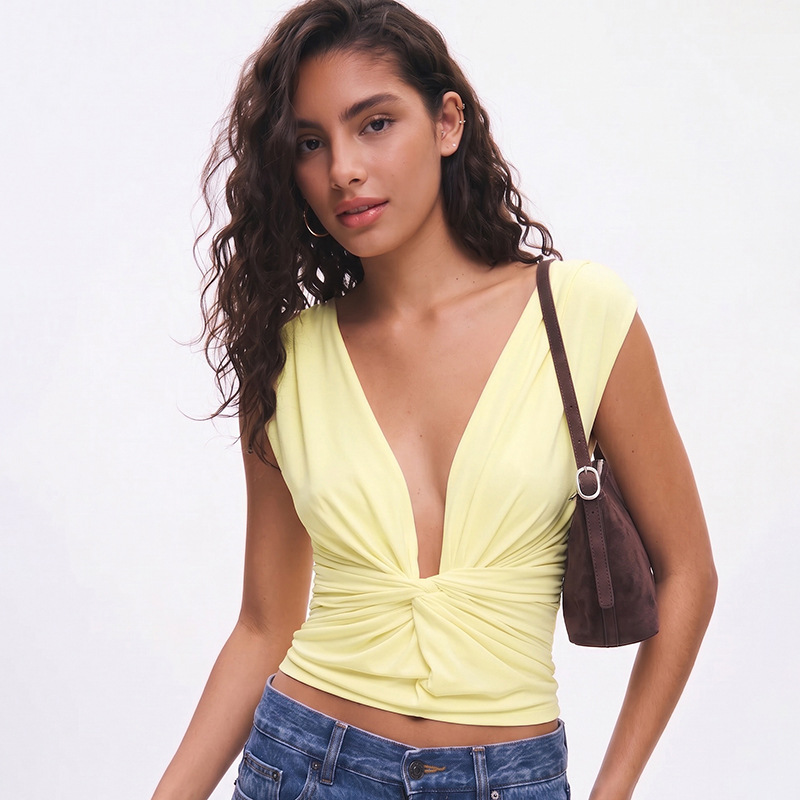 Women's V Neck Pullover Top Spring Summer Solid Color Ruched Knot Waist Cinching New Fashion_ecoleips.com
