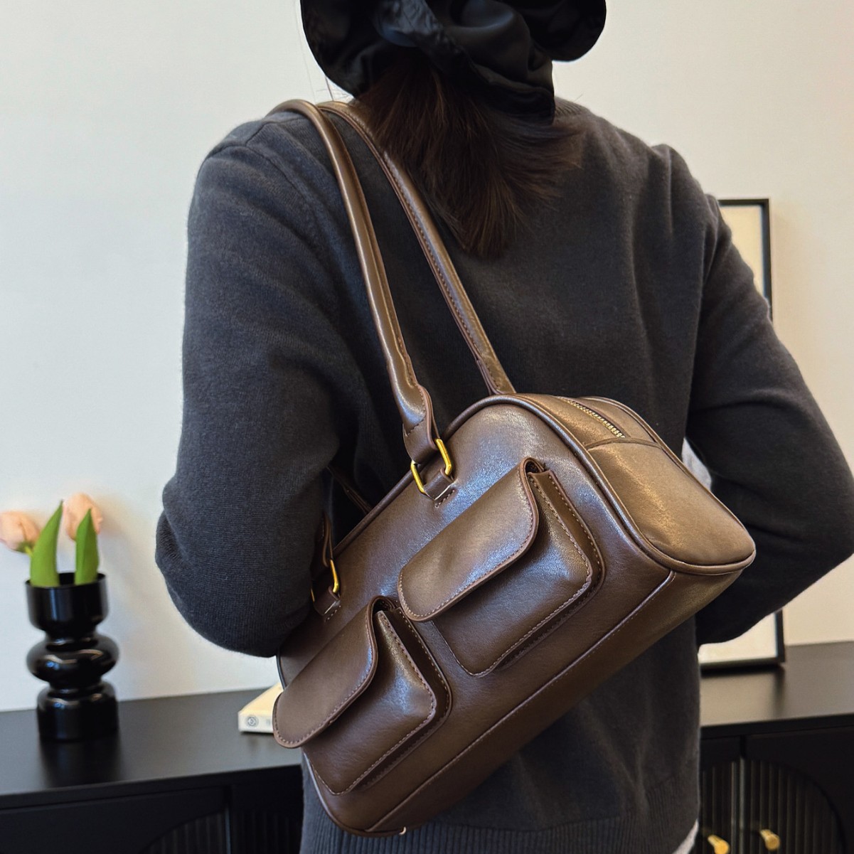 Women's Bowling Bag Autumn/Winter Retro Korean Style Heo Yoon-Jin Same Style High-End Niche Design Underarm Shoulder Bag - Thumbnail 4