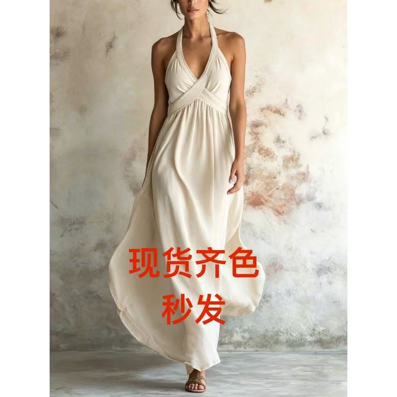 2026 European and American Style Light Luxury Satin Deep V Cross-Over Bustier Slimming Long Dress for Parties and Commuting, Versatile Long Dress 2026 European and American Style Light Luxury Satin Deep V Cross-Over Bustier Slimming Long Dress for Parties and Commuting, Versatile Long Dress