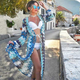 欧美外贸女装蕾丝彩色波浪印花性感开衫镂空沙滩罩衫比基尼外罩衫