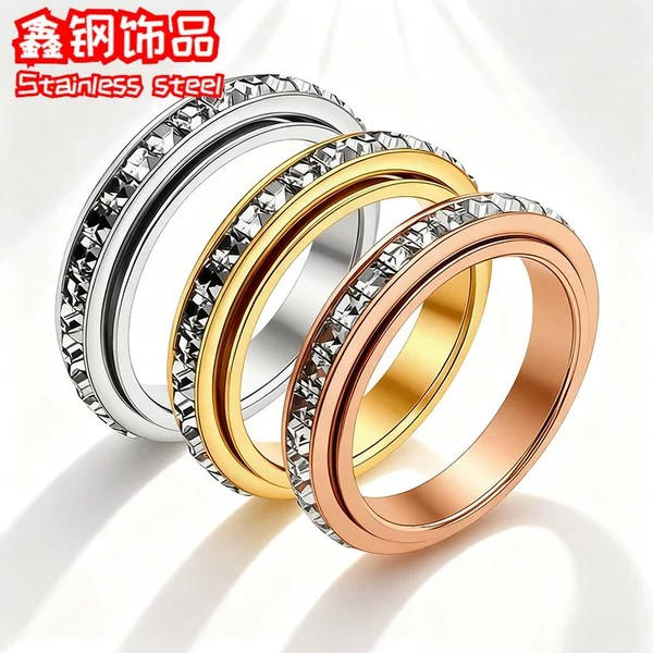 Source Manufacturer Spot Supply Cross-Border Hot Selling 4mm Square Diamond Rotating Ring for Women Stainless Steel Full Diamond Jewelry