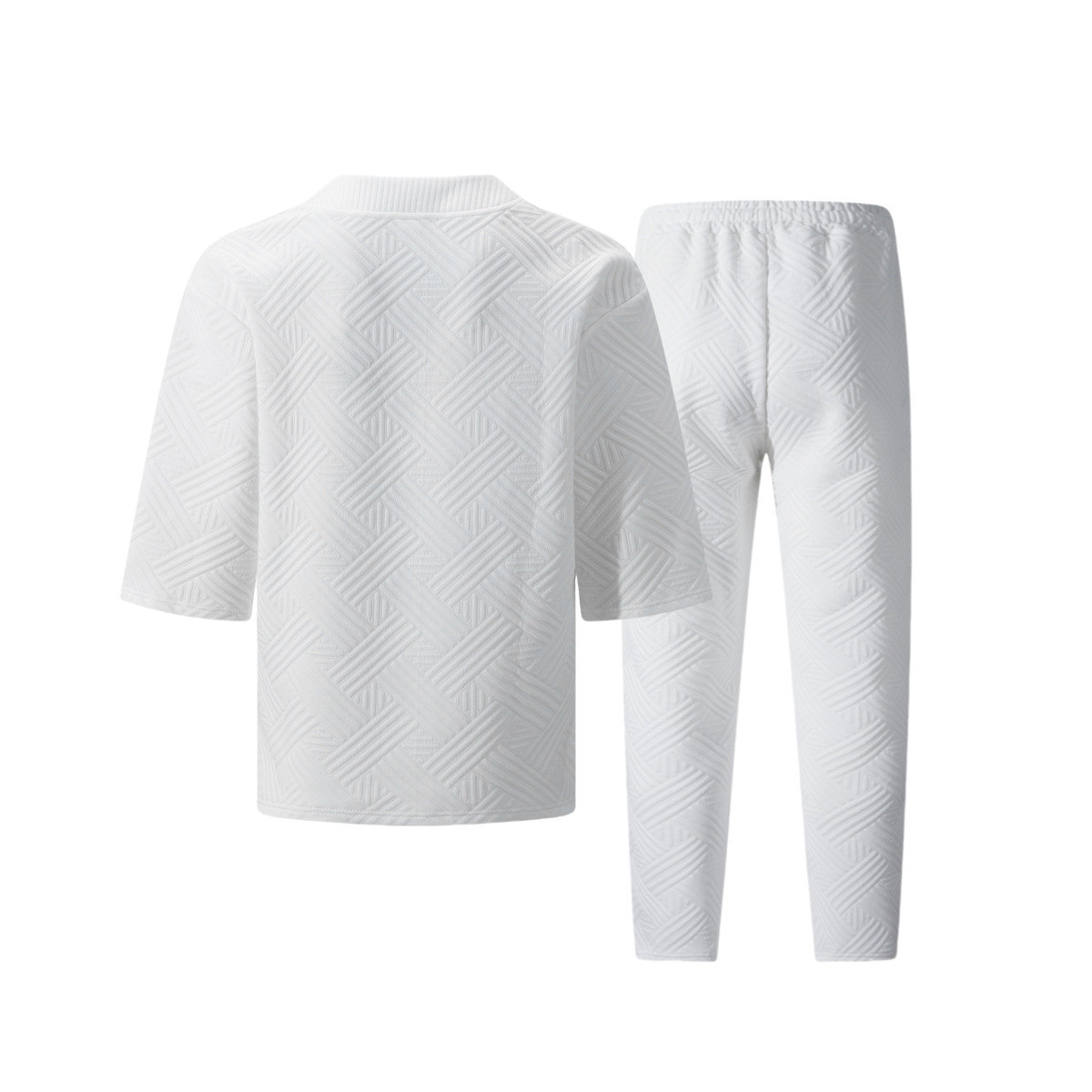 Men's Clothing Casual Short Sleeve V Neck Solid Color Jacquard Set American Style Summer Wear_viptrois.com