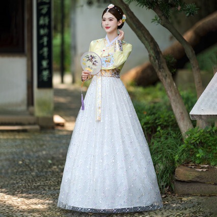 New traditional Korean women's costume, white sequined ancient outfit, Korean ethnic gauze stage dance performance costume